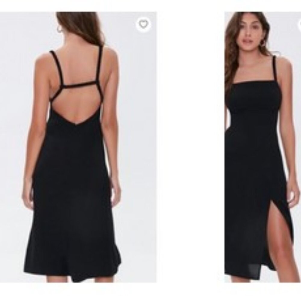 Forever 21 Black Midi Dress Women Cut Out High Side Slit Open back elastic flowy